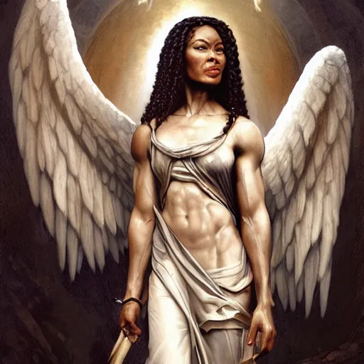 Prompt: angela basset as an angel standing in the front of gates of hell. angel is draped with bones. digital painting. art station. mood lighting. skindness, highly detailed, concept art, intricate, sharp focus, einar jonsson and bouguereau - h 1 2 0 0