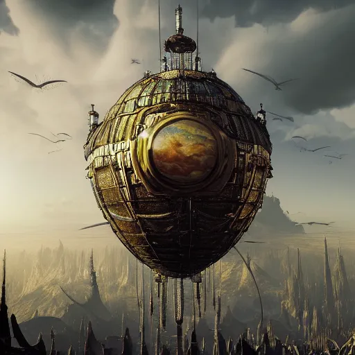 Image similar to enormous flying city in a faberge egg, sky, steampunk, fantasy art, masterpiece, hugh ferriss, unreal engine, peder balke, clouds background