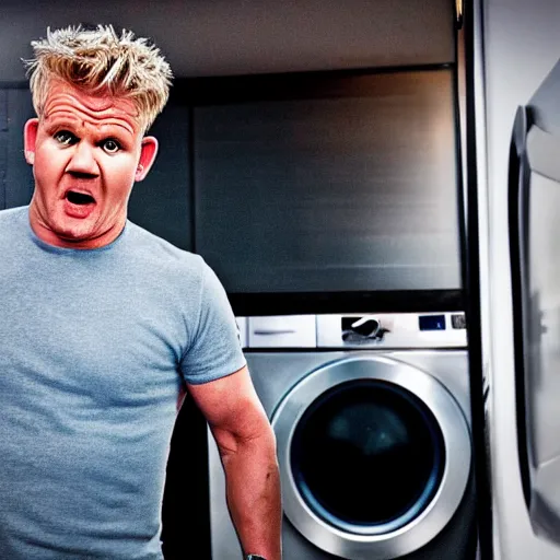 Image similar to angry furious Gordon Ramsay poking his head out of a washing machine and shouting at the camera