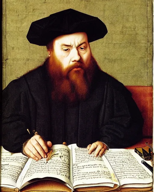 Prompt: “A portrait of a bearded Dwarf Lawyer by Hans Holbein (1523)”