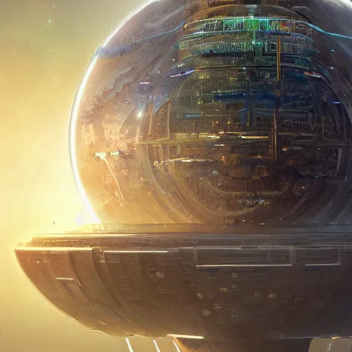 Prompt: the orb of spectacular and intricate technology. the gigantic orb is a floating space station for a miniature city, hyperdetailed 1 6 k resolution fantasy art digital art by jan urschel and neil blevins and ferdinand knab and tony diterlizzi