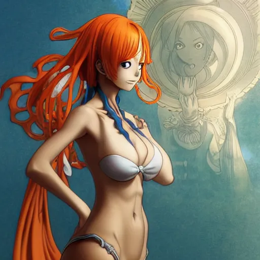 Image similar to intricately detailed vfx portrait of nami from one piece by eiichiro oda!, makoto shinkai, alphonse mucha, art by artgerm and greg rutkowski!, best of behance, concept art, matte, sharp focus, orange hair, adolphe bouguereau, annie leibovitz, stanley kubrick,