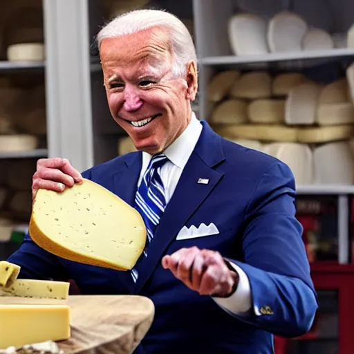 Image similar to joe biden eating a large wheel of cheese,