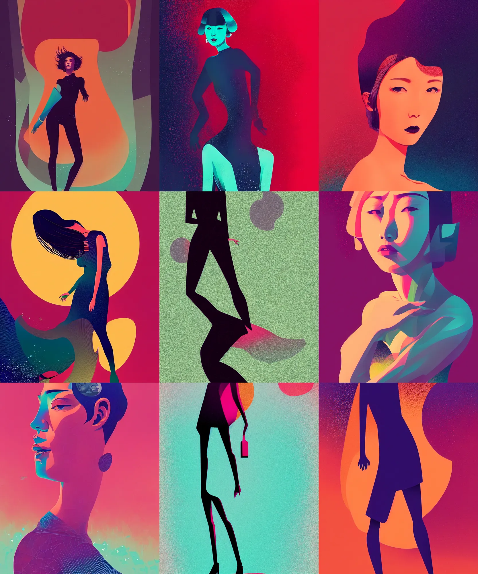 Prompt: ( ( dither ) ), editorial illustration full body portrait of shoko nakagawa posing, dynamic pose, modern art deco, colorful, ( ( mads berg ) ), christopher balaskas, victo ngai, rich grainy texture, detailed, dynamic composition, wide angle, matte print, moebius