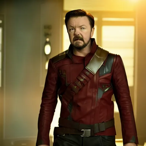 Prompt: ricky gervais as star lord, movie still, photorealistic, 8 k