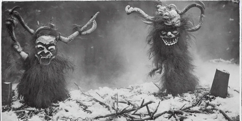 Image similar to 1 9 2 0 s photography of krampus hay monster burning on a pyre, submerged in snow