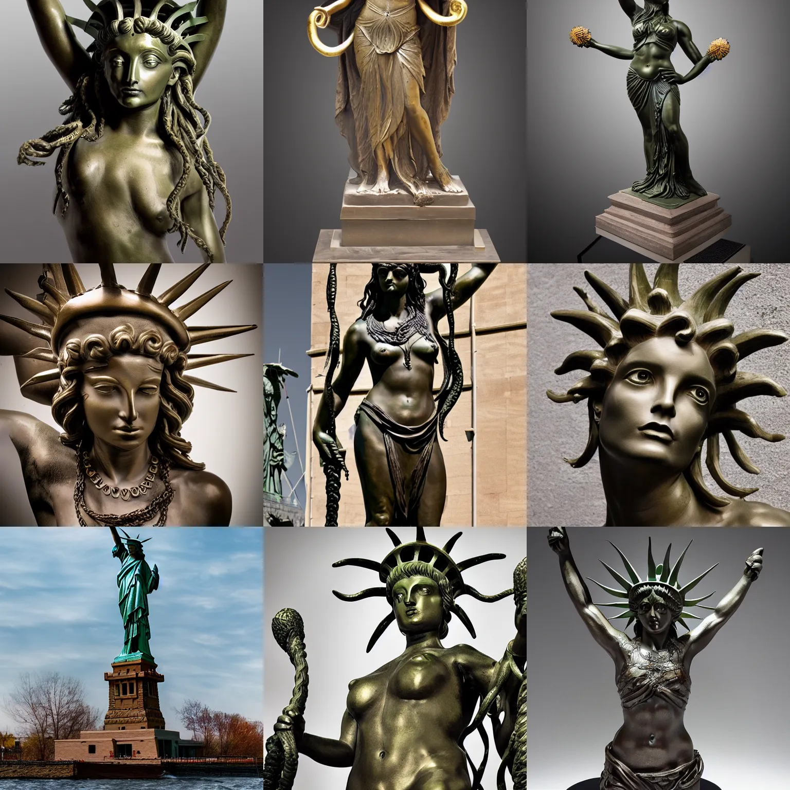 Prompt: bronze sculpture of medusa, in the style of the statue of liberty, many tattoos, professional photography, imposing