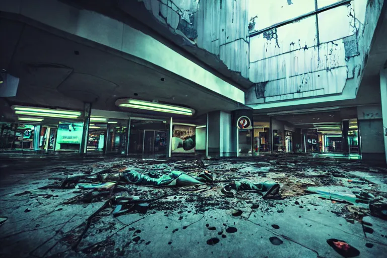 Prompt: low wide angle photo of a abandoned cyberpunk shopping mall with dead human on the floor, a team of soliders are in position, cinematic lightning, ray tracing, unreal engine, photorealistic, detailed, dark, moody, foggy, scary