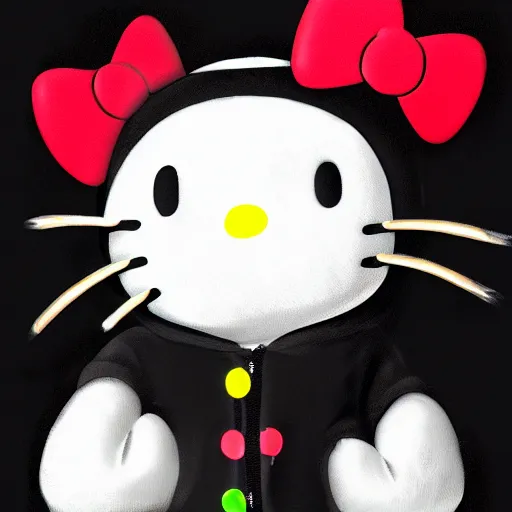 Image similar to Portrait of black Hello Kitty in hoodie, 8k, trending on ArtStation, hyperdetalied,