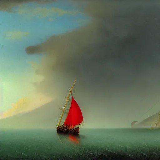 Prompt: minimalist symmetrical red clouds and green ocean in iceland fjord with sailboat painting by ivan aivazovsky