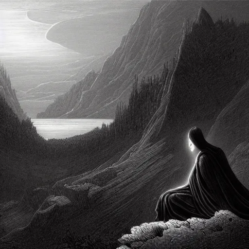 Image similar to A lonely woman, distant city, forest, cliff, gorgeous view, dramatic light, high contrast, illustration by Gustave Doré