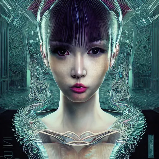 Image similar to the portrait of an absurdly beautiful, graceful, elegant, sophisticated, fashionable cyberpunk gravure idol, an ultrafine hyperdetailed illustration by kim jung gi, irakli nadar, takato yamamoto, intricate linework, bright colors, porcelain skin, unreal engine 5 highly rendered, fashion photography, fractal background, global illumination, radiant light, detailed and intricate environment