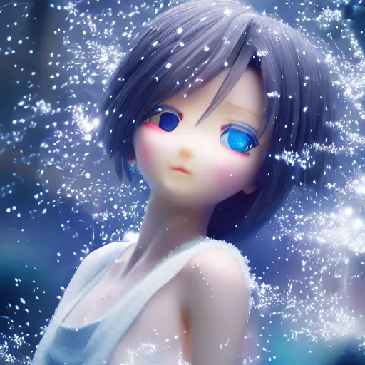 Prompt: photorealistic full shot of masterpiece anime girl, electric aura with particles, snowing frozen ice, inspired by masami kurumada, akira toriyama, detailed, bokeh, unreal engine 4 k, volumetric light, fog