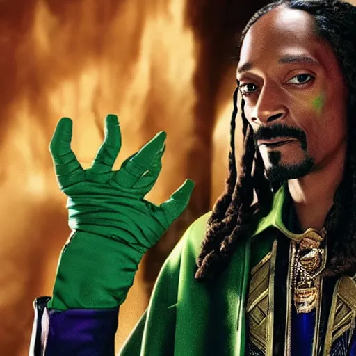 Prompt: film still of Snoop Dogg as Loki in the new Avengers film