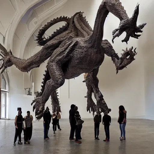 Prompt: greek by emil alzamora tender. a beautiful installation art of a large, dragon - like creature with sharp teeth, talons, & a long tail. the creature is looming over a small group of people who appear to be in distress.