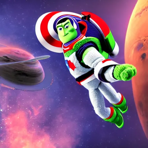 Prompt: a photorealistic photograph of a knitted Buzz Lightyear as Captain America flying through outer space, Mars in distance featuring shield Trending on Artstation, featured on Behance, well-rendered, Unreal Engine, 4K HD