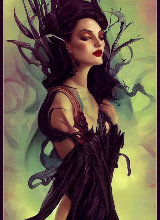 Prompt: tarot!!, high priestess, no noise, elegant, concept art, sharp focus, beautiful face!!, digital art, smooth defined outlines!!, human anatomy, human structure, vector background, dark fairy queen, by Brom, trending on Artstation, Tom Bagshaw, Sargent