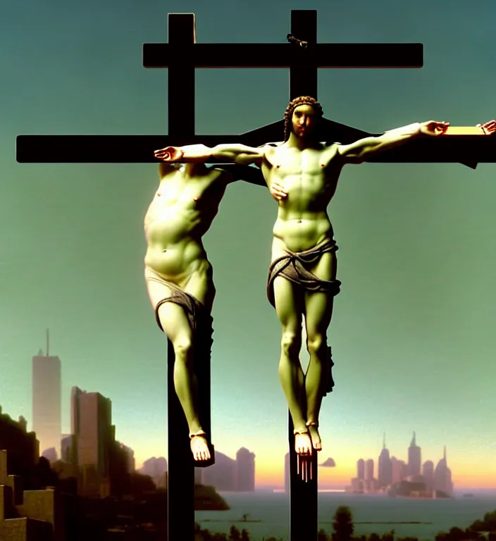 Image similar to detailed professional Renaissance photo of a cyborg-robotic-human crucified on the cross in a virtual reality vaporwave by Raphael Santi, William-Adolphe Bouguereau . still from a 2021 movie by Terrence Malick and Gaspar Noe, , 8k, photo, octane render