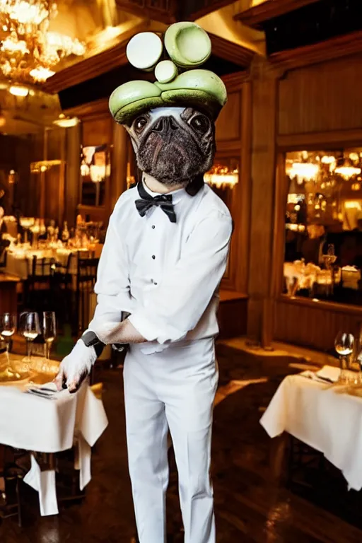 Image similar to a dog - headed waiter at the reception of a fancy restaurant