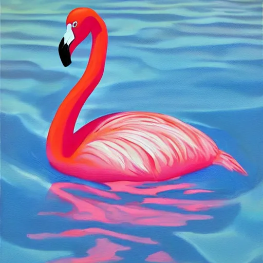 Prompt: flamingo pool float in a vast rippling swimming pool, oil painting