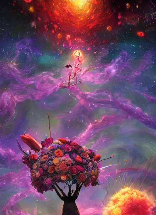 Image similar to An epic fantastic realism comic book style painting of the most beautiful entwined flowers launched across the dark and starry night sky, nebulous bouquets, fisheye lens, unreal 5, DAZ, hyperrealistic, octane render, dynamic lighting