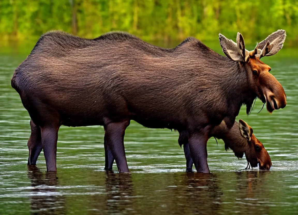 Prompt: moose beaver hybrid, drinking at a lake, photorealistic, photography, nature, forest, wildlife