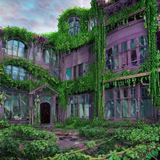 Image similar to ugly gaudy mansion, abandoned, growing vines, very old, professional art, trending on artstation, very detailed, realistic,