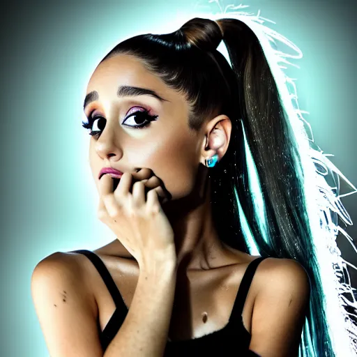 Image similar to Ariana Grande, grungy, unkept hair, glowing eyes, modelsociety, wet from rain, radiant skin, huge anime eyes, bright on black, dramatic, studio lighting, perfect face, intricate, Sony a7R IV, symmetric balance, polarizing filter, Photolab, Lightroom, 4K, Dolby Vision, Photography Award