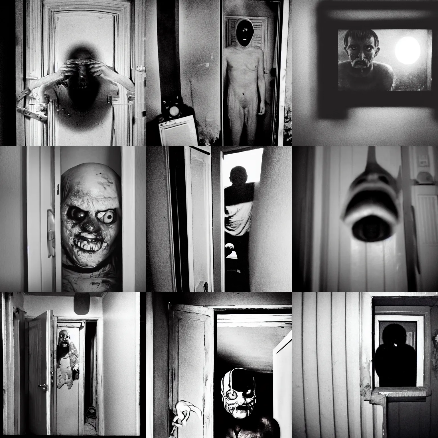 Prompt: photo of a creepy deformed man peaking into your bedroom door as you lay in bed, real cctv footage, vhs, analog horror, black and white, gritty, atmosphere, detailed