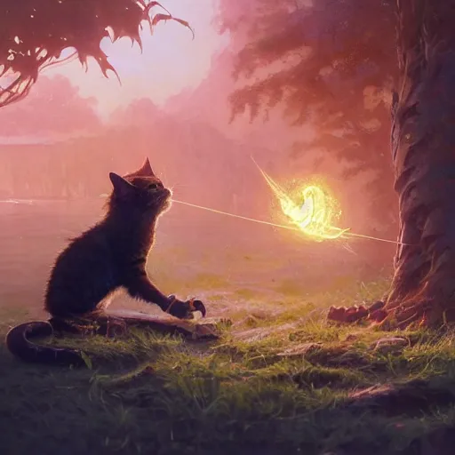 Prompt: a cat fighting frogs, stephen bliss, unreal engine, fantasy art by greg rutkowski, loish, rhads, ferdinand knab, makoto shinkai and lois van baarle, ilya kuvshinov, rossdraws, tom bagshaw, global illumination, radiant light, detailed and intricate environment