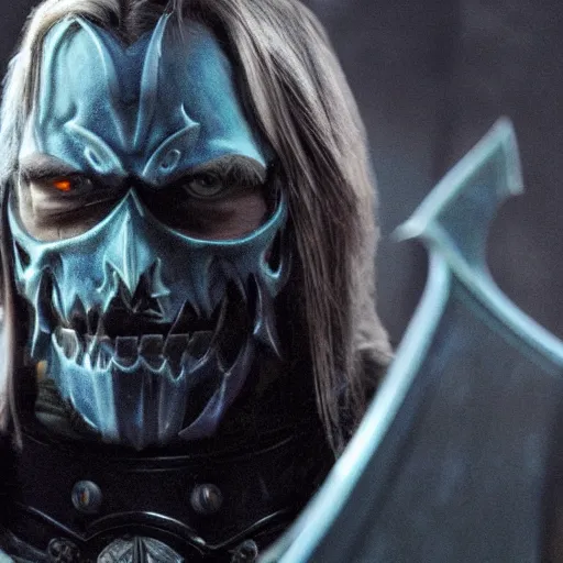 Image similar to arthas menethil as the american psycho, cinematic still, warcraft 3 graphics