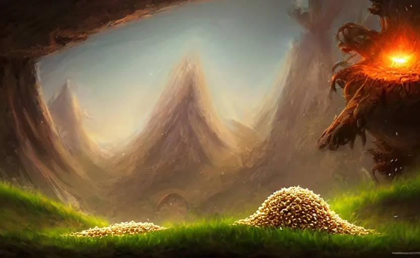 Image similar to magic : the gathering fantasy concept art of excited riceballs with excited expressions bouncing down a mountain path, by marco bucci, high resolution, the riceballs are bouncing up and down and leaving a trail of rice seeds behind them, fantasy coloring, intricate, digital painting, artstation, smooth, sharp focus