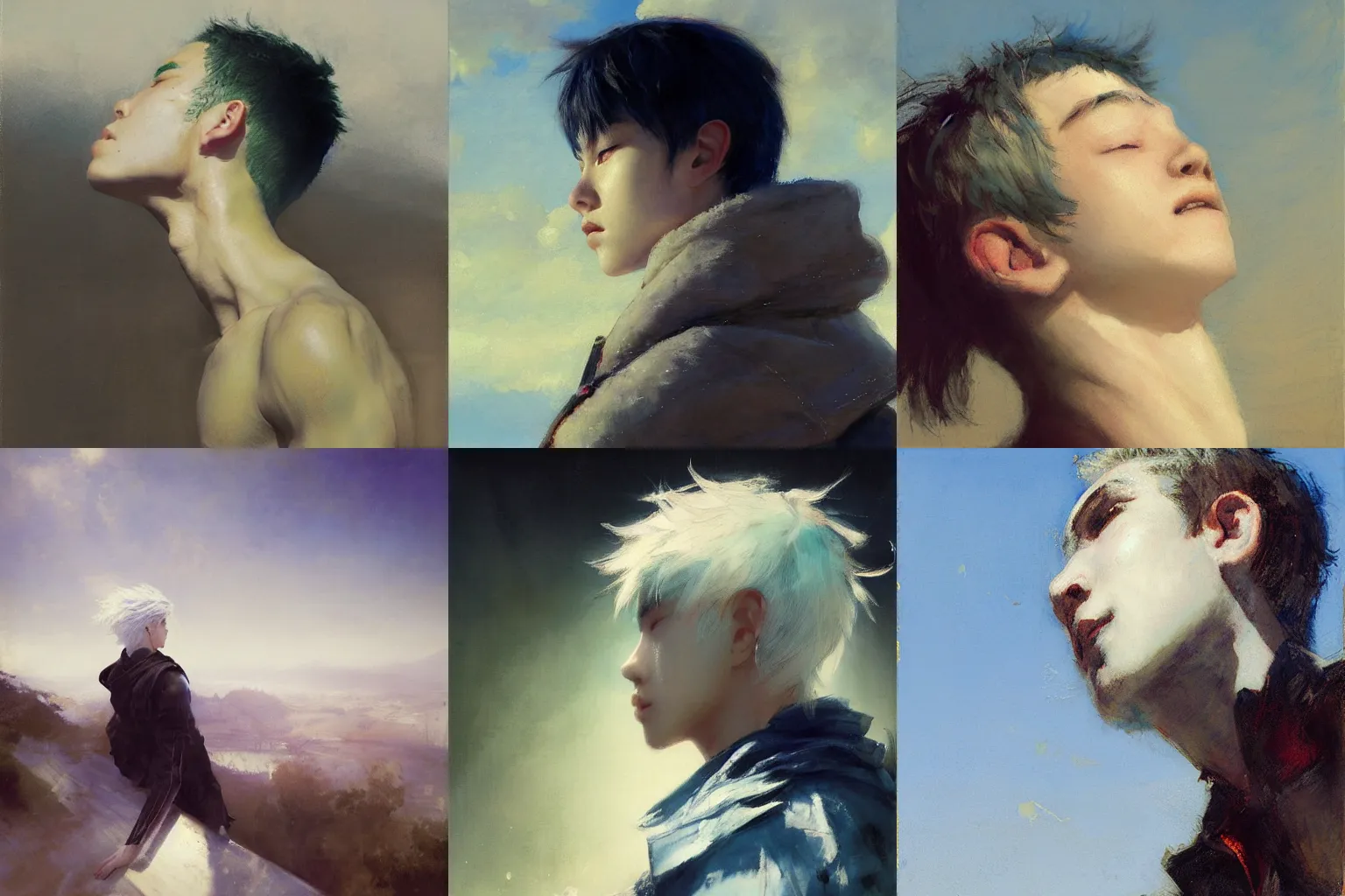 Prompt: a teenage boy with white hair gazing up at the blue sky. By Dan Volbert. Ruan Jia. Ayami Kojima