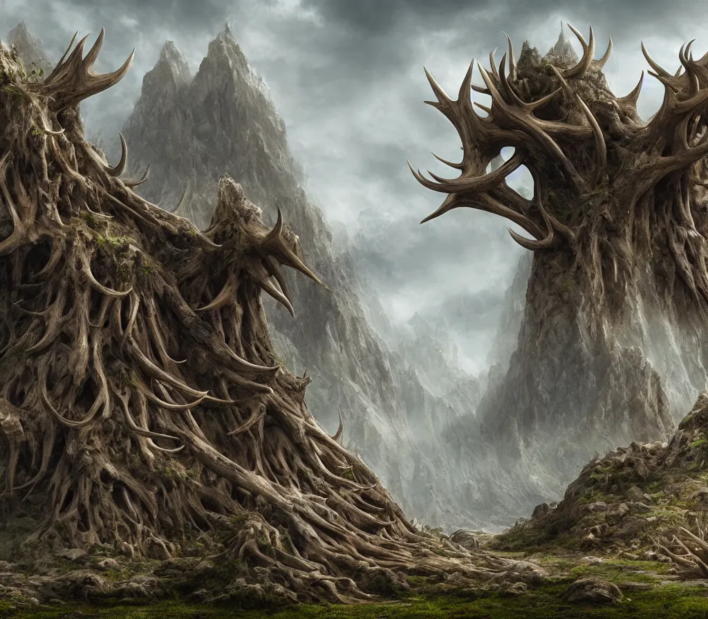 Prompt: a highly detailed matte painting of colossal stone antler roots, 8 k hd, concept art, artstation, deviantart, cg society,