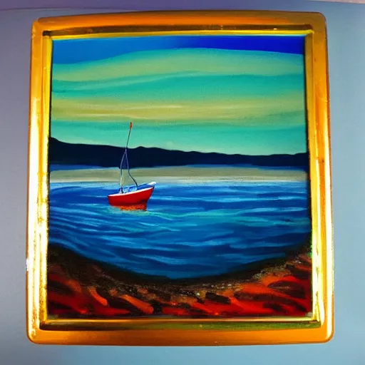 Image similar to a sea landscape with a boat in sunset acrylic paint