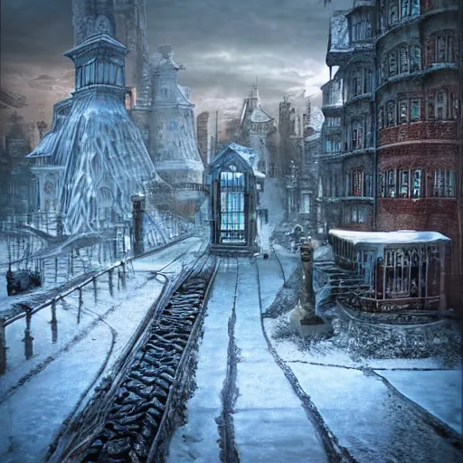 Image similar to frozen steampunk city, hyper realistic photograph