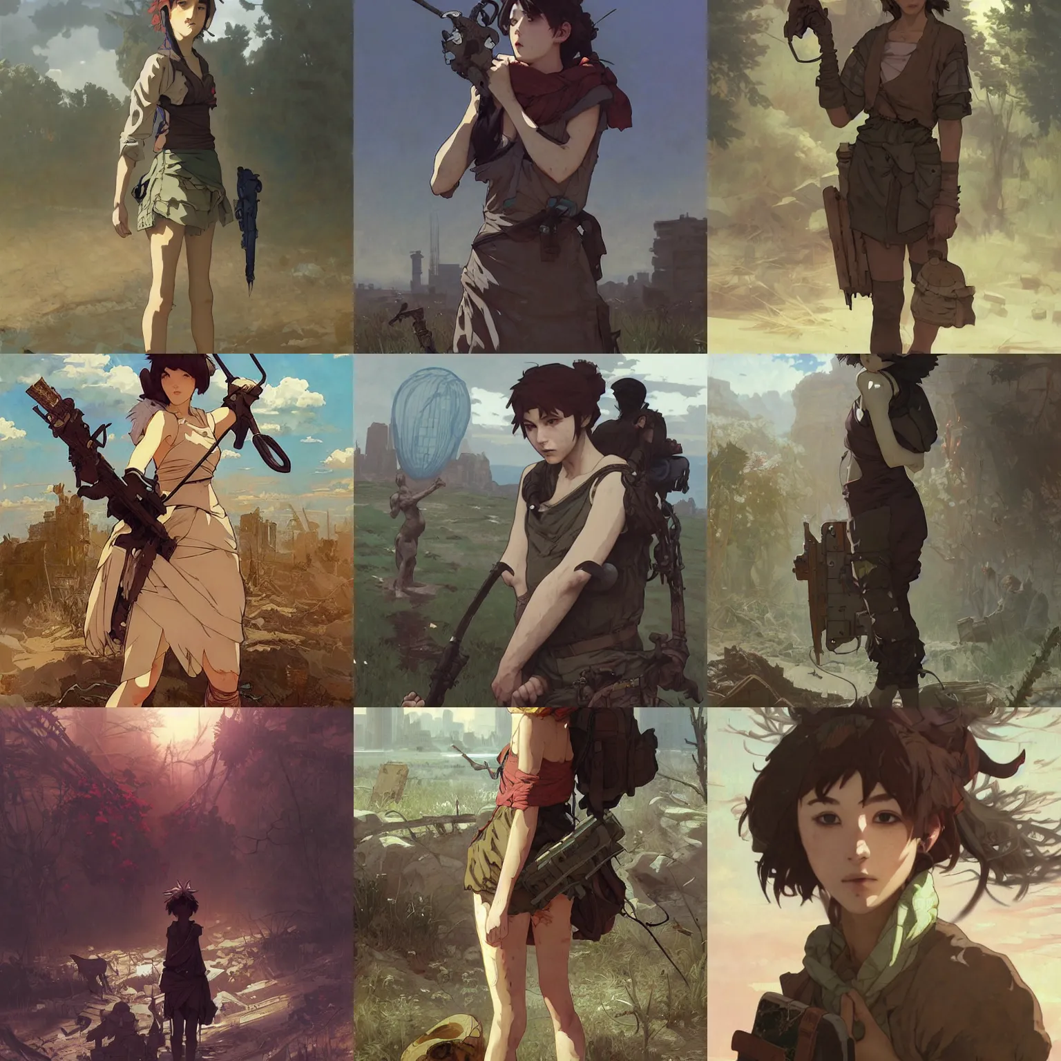 Prompt: post - apocalyptic scavenger wandering through the wasteland, finely illustrated face, highly detailed, oil painting, studio ghibli, tankobon, in the style of ilya kuvshinov and krenz cushart and william - adolphe bouguereau and alphonse mucha