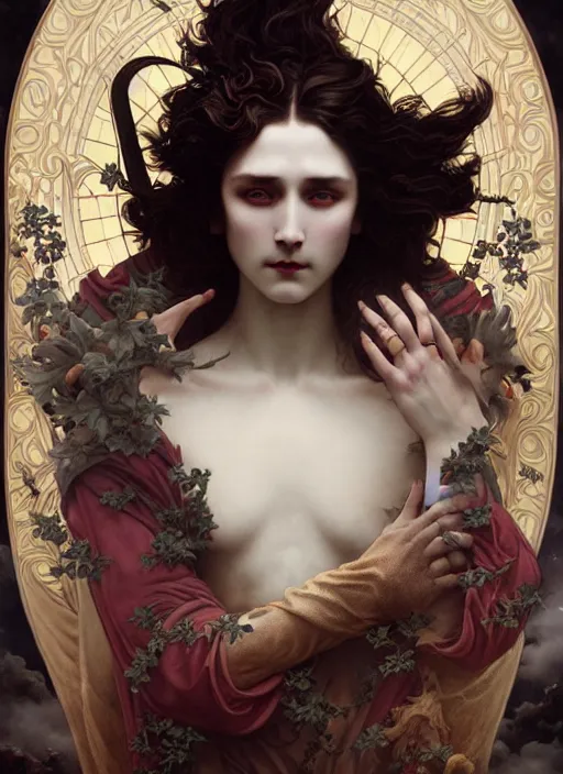 Image similar to majestic immortal vampire lord porcelain skin man movie poster, art style by edmund leighton, tom bagshaw, alphonse mucha, exquisite digital art, haunting, masterpiece, organic painting, photorealistic, ornate and hyper detailed