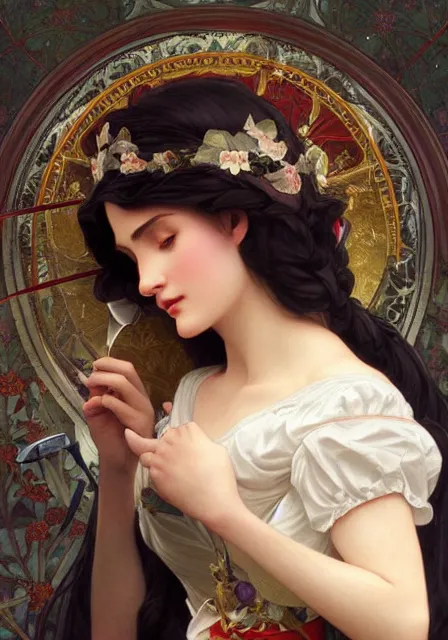 Prompt: snow white and queen, intricate, elegant, highly detailed, digital painting, artstation, concept art, smooth, sharp focus, illustration, art by artgerm and greg rutkowski and alphonse mucha and william - adolphe bouguereau
