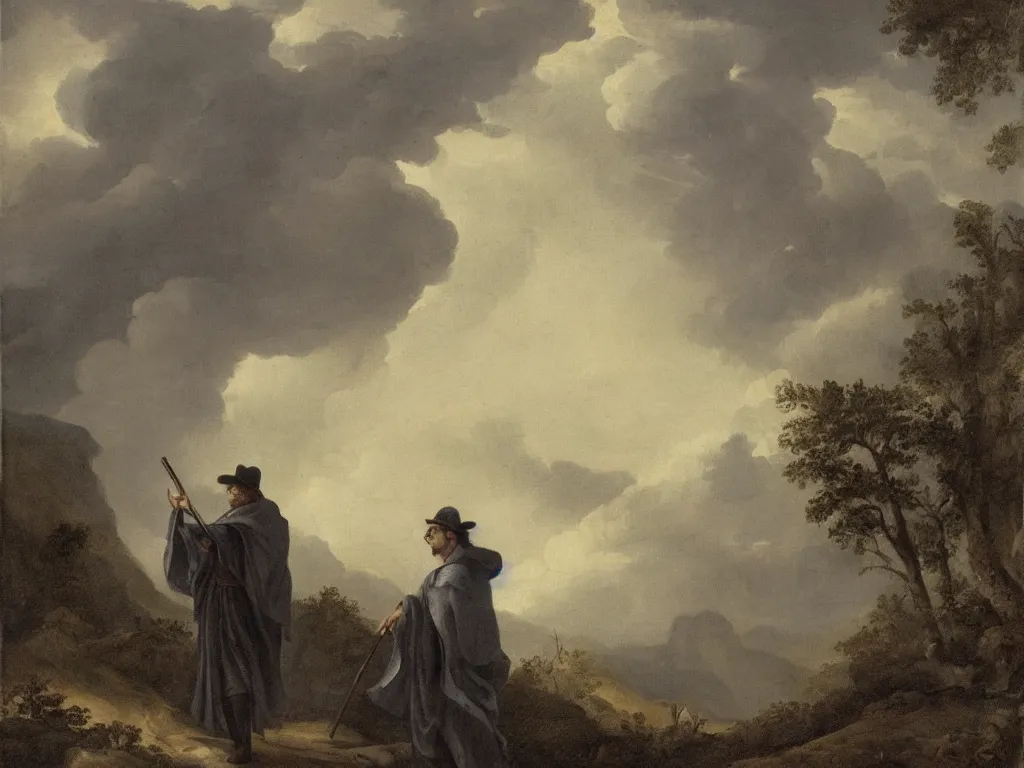 Image similar to a man in a grey cloak and brimmed hat with a staff travelling trough the forest and mountains looking at the clouds in the style of neo-romanticism