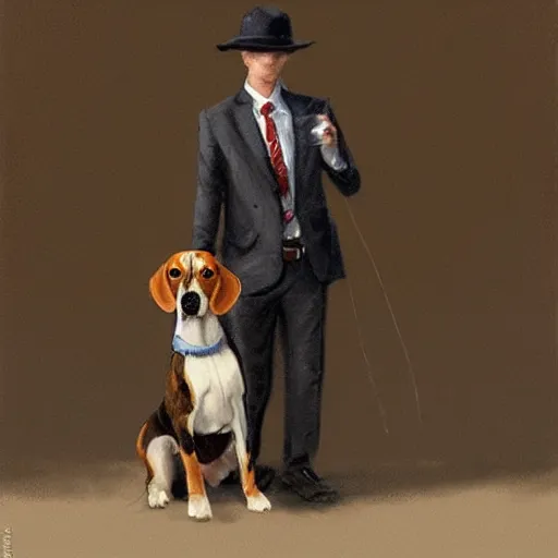 Prompt: a beagle wearing a business suit and fedora, greg rutkowski