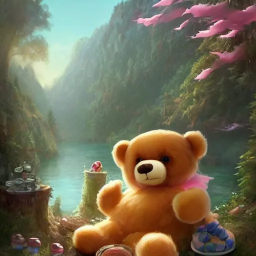 Image similar to a beautiful digital matte painting of an adorable teddy bear with fairy wings sleeping on a cloud, surrounded by candy and desserts, bright natural morning light, mountains river trees, pastel color palette, by andreas rocha and jeremiah ketner