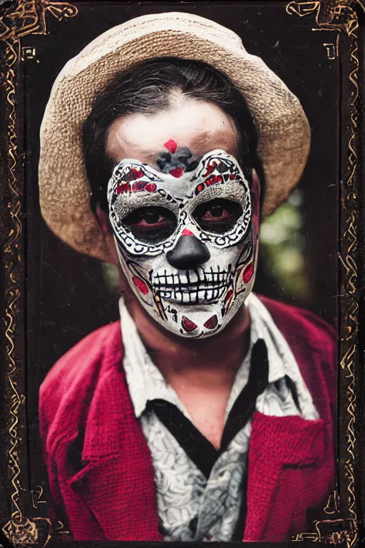 Image similar to vintage 35mm photo portrait of a man wearing a traditional day of the dead masks in the style of Jason Edmiston