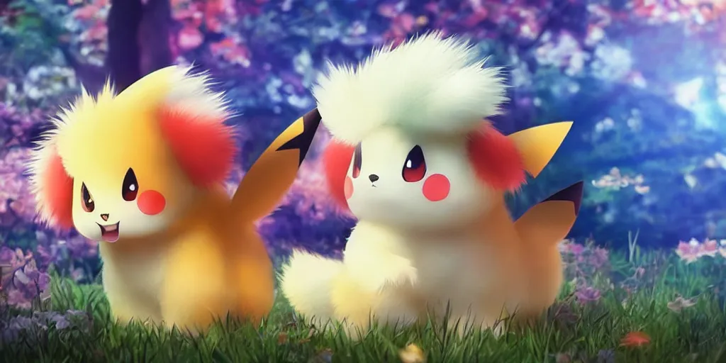 Image similar to real life pokemons, cute!!!, content!!!, mischievous!!!, adorable!!!, fluffy!!!, ultra realistic!!!, spring, golden hour, sharp focus