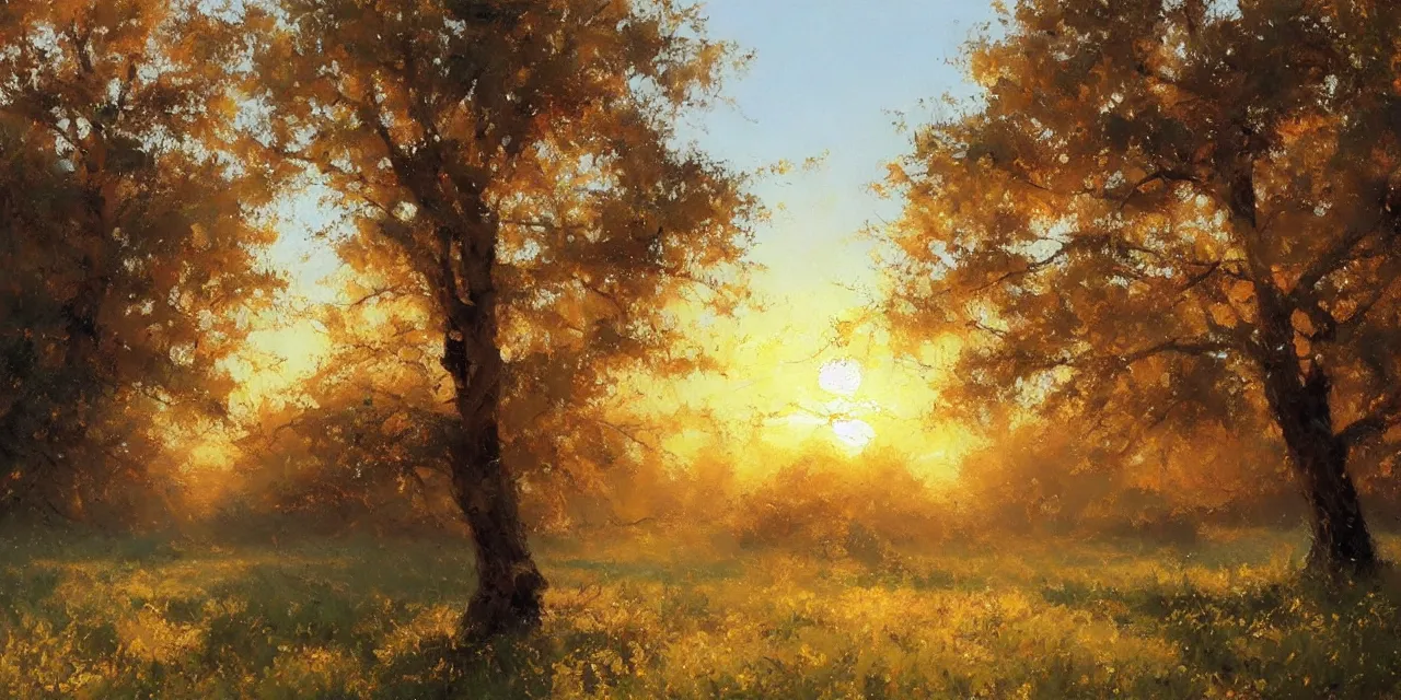 Prompt: a beautiful, stunning oil painting of a landscape in spring during sunrise by craig mullins