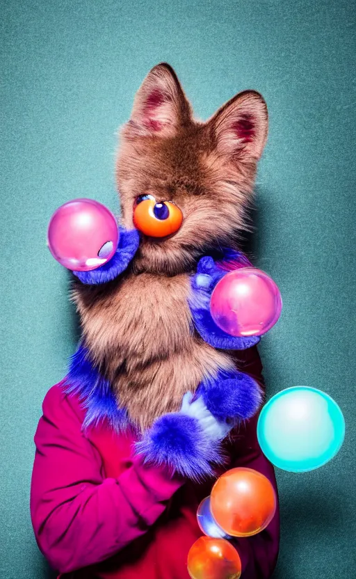 Image similar to An award winning photograph of a blue-eyed furry creature, red fur, with a large purple mustache, large eyes, bubbles in the air, wheels for hands, studio lighting, medium shot, Sigma 85mm, 8k