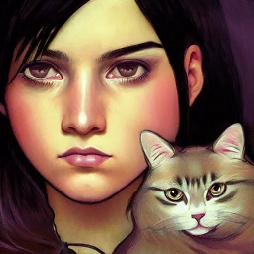 Prompt: emo mexican girl and her cat, with long dark hair, thick eyebrows!!! deep dark big shiny eyes and dark circles!, wide nose!!!, oval face shape, big cheeks! by juan villafuerte, greg rutkowski and alphonse mucha, pexels contest winner, high quality photo, rtx, hd