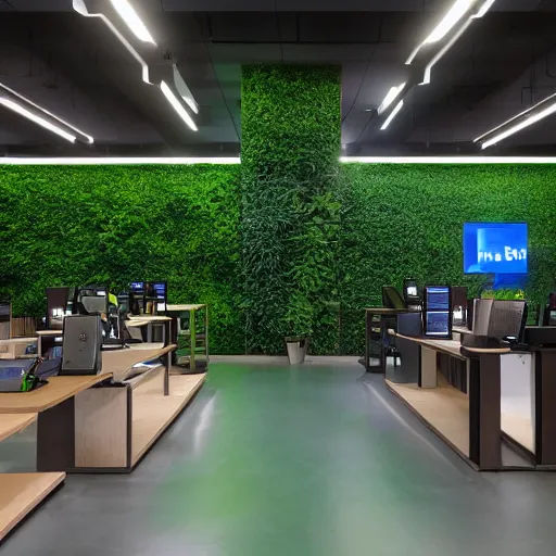 Prompt: interior photography of a Microsoft Samsung flagship store, wood, polished concrete, sunlight, spotlights, verdant plants green wall, digital screens, award winning interior design, patterns, retaildesignblog, dezeen, 14mm, 8k, cinestill, pentax, film