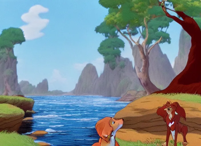 Image similar to sunningrocks by the river's shore, still frame from the fox and the hound ( 1 9 8 1 )