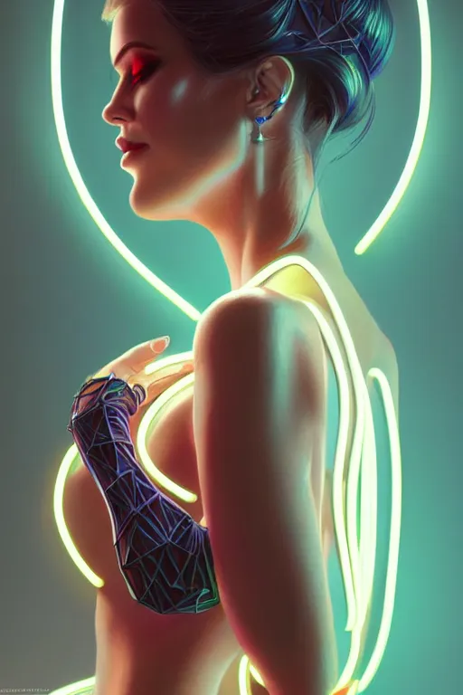 Image similar to portrait of female humanoid from 6 0 s era, intricate, elegant, cyber neon lights, highly detailed, digital painting, artstation, glamor pose, concept art, smooth, sharp focus, illustration, art by artgerm and greg rutkowski